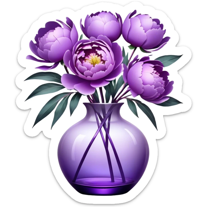 "Abstract peonies in shades of light purple and lavender, blending like soft brushstrokes. A glowing purple glass vase with surreal reflections, wrapped in a weightless, swirling satin ribbon."
 sticker