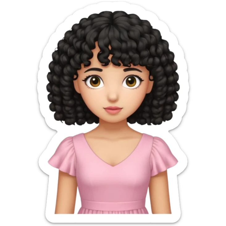uma menina de pele oliva e cabelos pretos encaracolados e com franja encaracolada e um vestido rosa pastel sticker