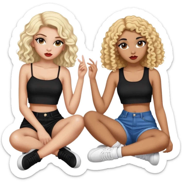 Full body of two teenage girls sitting together, one white with straight blonde hair and one brown-skinned with curly black hair, both with heavy makeup, big lips, crop tops and choni style clothing sticker