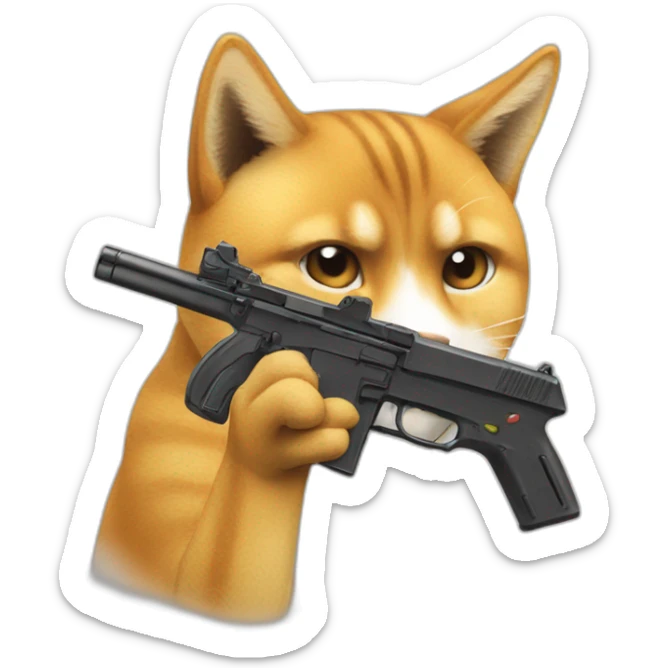 cat with gun like doge_gun emoji (doge gun https//emoji.gg/emoji/1311-doge-gun) btw make it look left and copy dogo emoji sticker