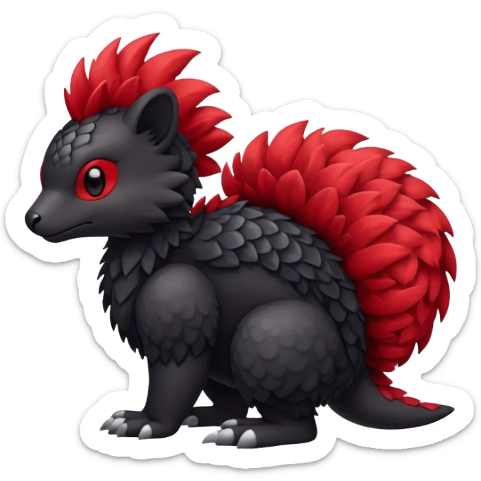 Cute cool black red animal hybrid Fakemon full body, detailed, fluffy, scaly, edgy sticker