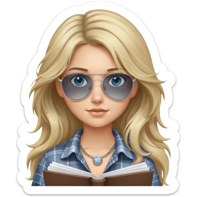 girl with long blond messy hair wearing grey plaid shirt with blue eyes and aviator sunglasses wearing a ring on her silver necklace, holding lawyer papers sticker
