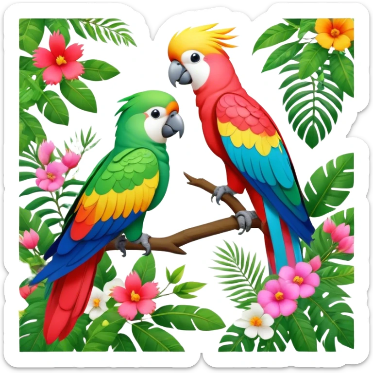 Close-up collage of vibrant Ara parrots and Inca cockatoos sitting on tree branches, surrounded by lush greenery. Bright colors of the birds stand out against a natural, sunny background of trees and flowers. Transparent background. sticker