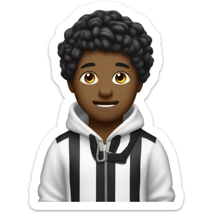 hazme un mascot emote para mi canal de twitch de un chico con pelo negro con jopo al costado de piel trigeña sin barba guiñando el ojo y sacando la lengua con una sudadera negra y con fondo blanco  sticker