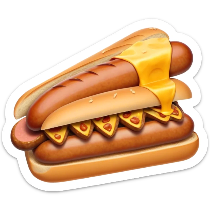 Sausage Sizzle Cinematic Realistic Sausage Sizzle Dish Emoji, depicted as a sizzling sausage tucked into a triangular slice of bread, rendered with rich textures and dynamic, warm lighting. sticker