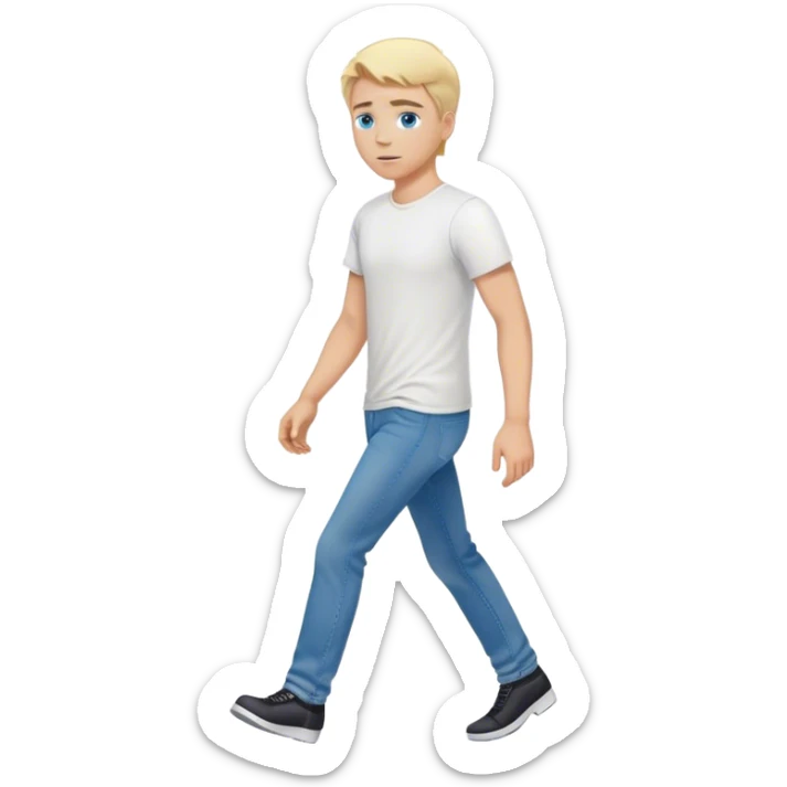 A cinematic realistic blond man with blue eyes, dressed in jeans and a T-shirt, is walking sticker