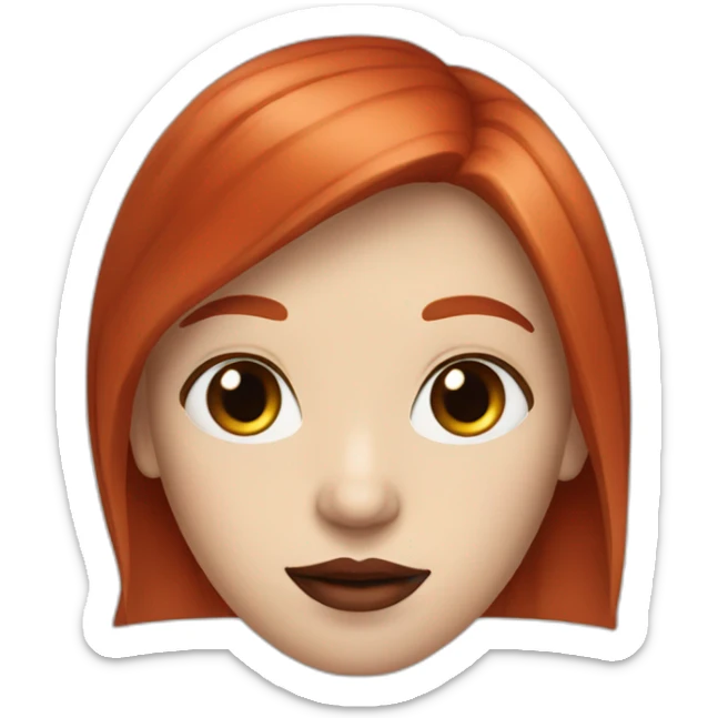 straight long red hair,red lipstick,black eyes, white skin and a small nose sticker