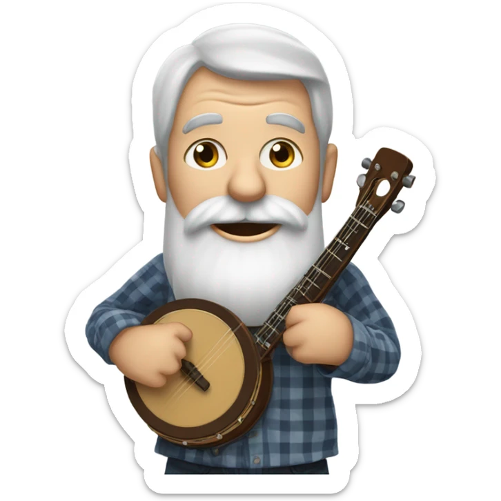 Old man, long beard, huge eyes, buck teeth, playing a banjo and wearing a long sleeve plaid shirt sticker