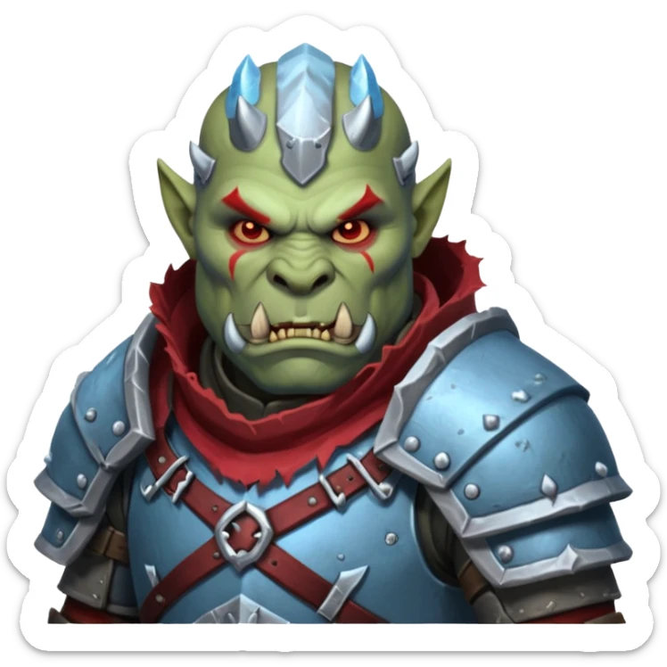 
Fantasy Christmas orc legion soldier icon, iron tundra army theme, heavy winter armor, disciplined brutal look, icy blue steel armor with deep crimson accents, frozen metal texture, cold winter atmosphere, male variant sticker