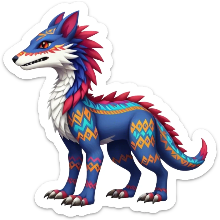 a colorful edgy cute vernid-sergal-fionbri-creature with tribal patterns full body sticker