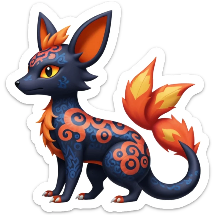 
Canine-Litten-Amaura-Salandit-Noibat-Flareon-Fakémon-fusion (full body) with intricate patterns sticker