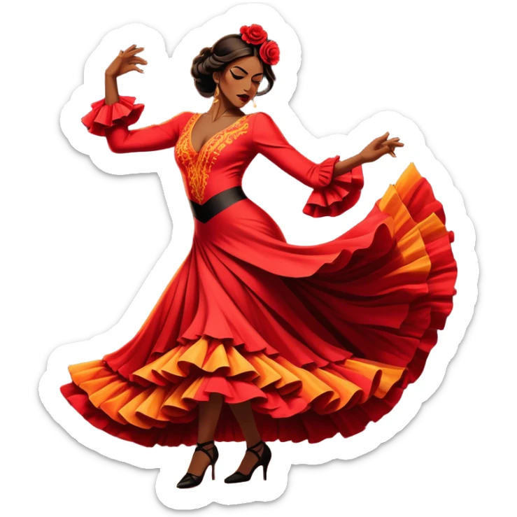 Cinematic Realistic Flamenco Dance Emoji, depicted as a passionate expressive flamenco performance with dramatic costumes and dynamic fiery movements, rendered with vibrant textures and bold energetic lighting that captures its intense rhythm. sticker
