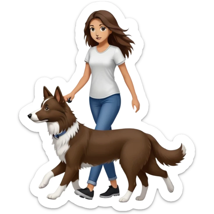 A beautiful girl with long brown hair and wearing a tight short-sleeved shirt is walking a black and white Border Collie sticker