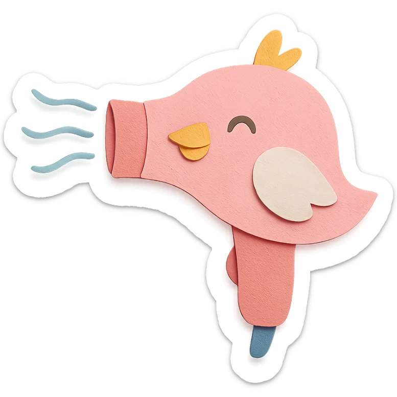 happy bird hair dryer, soft pink, blowing gentle air, full-body sticker