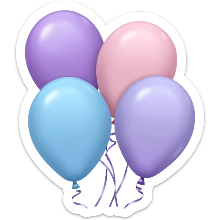 Three floating balloons emoji, each of the balloon's color is light pastel blue, pastel pink, and pastel purple. Cute IOS emoji style. sticker