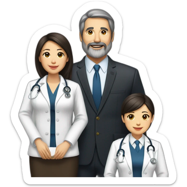 husband american age 64 dark brown hair trimmed beard wearing a business suit holding a bible, wife asian age 64 black shoulder length hair wearing nurse uniform, two daughters age 30 and 37 sticker