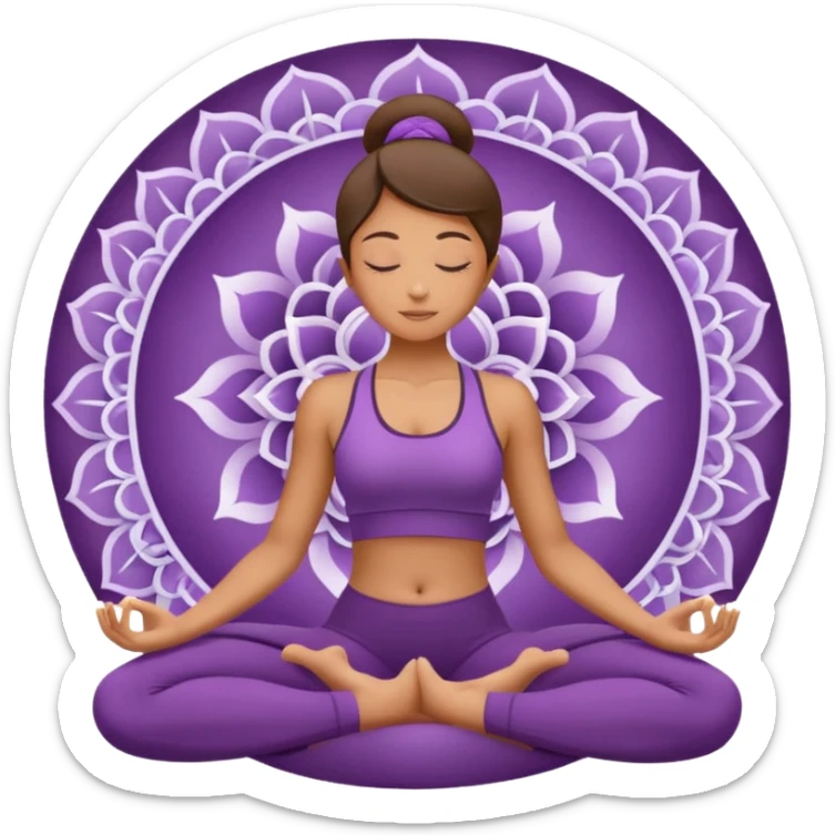 A woman in a purple yoga outfit resting in child’s pose, peaceful feeling, gentle mandala texture in background. sticker