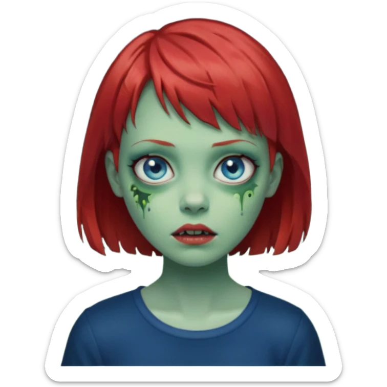 Zombie girl emoji with short red hair and bangs. Blue eyes, green skin, and a black top Her hair is slightly wavy sticker
