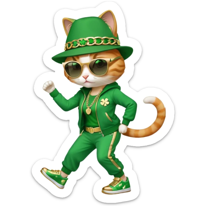 female cat wearing hip-hop Run DMC outfit with green tracksuit, fedora with shamrock, dark sunglasses, gold chains, bling accessories, St. Patrick's Day theme, break dancing sticker