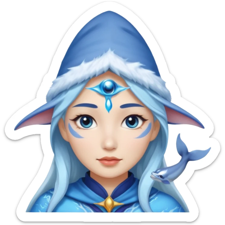 Frost wizard woman cheek painted with a dolphin below eye with Asian eyes sticker