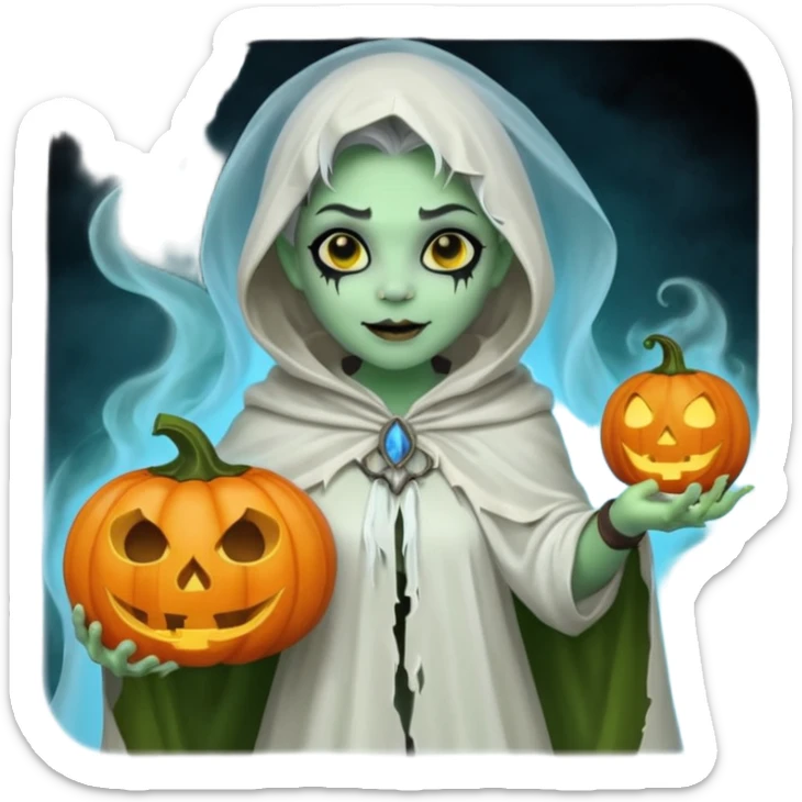 female orc ghost emoji, green skin, tusks, gentle smile, wearing flowing white ghost cloak with black eye holes, holding pumpkin lantern, faint glowing blue mist, Halloween fantasy, smooth Apple emoji style, white background, square sticker