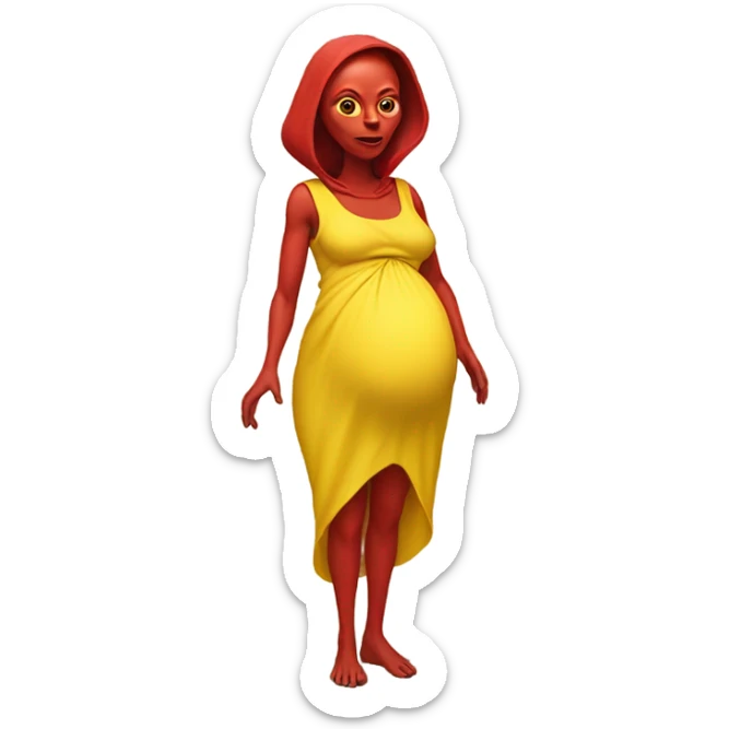 Pregnant red alien woman, full body in jellow  dress sticker