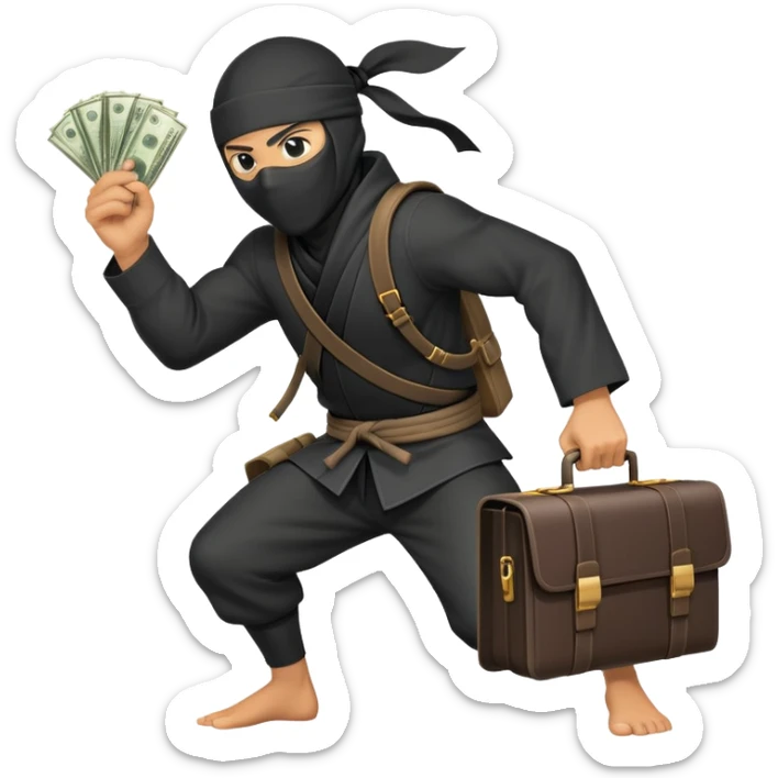 Ninja with briefcase full of money, cash sticking out, stealthy pose sticker