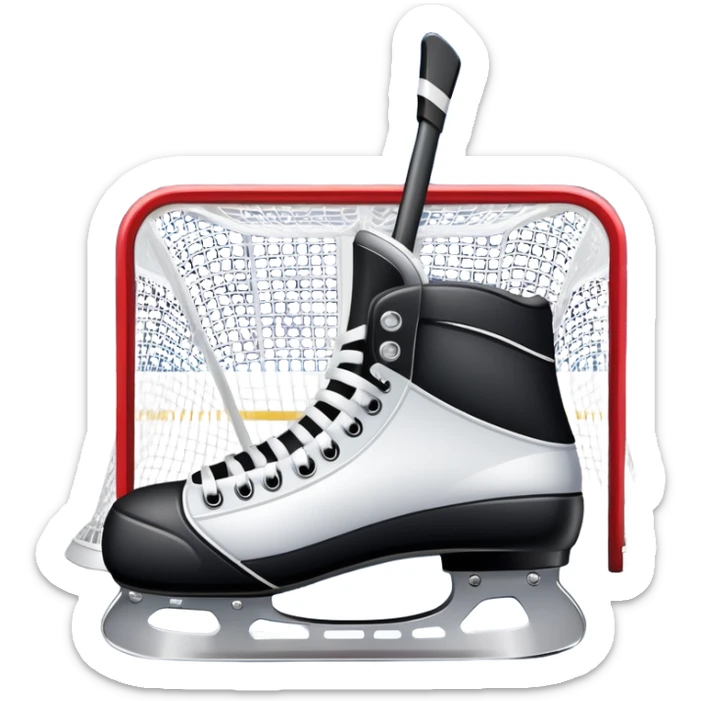 An icon showing a close-up of a hockey stick, puck, skates, and hockey net placed on the ice. The background features a packed stadium with bright lights, cheering fans, and snowy scenery outside. Transparent background highlights the key elements of the game. sticker
