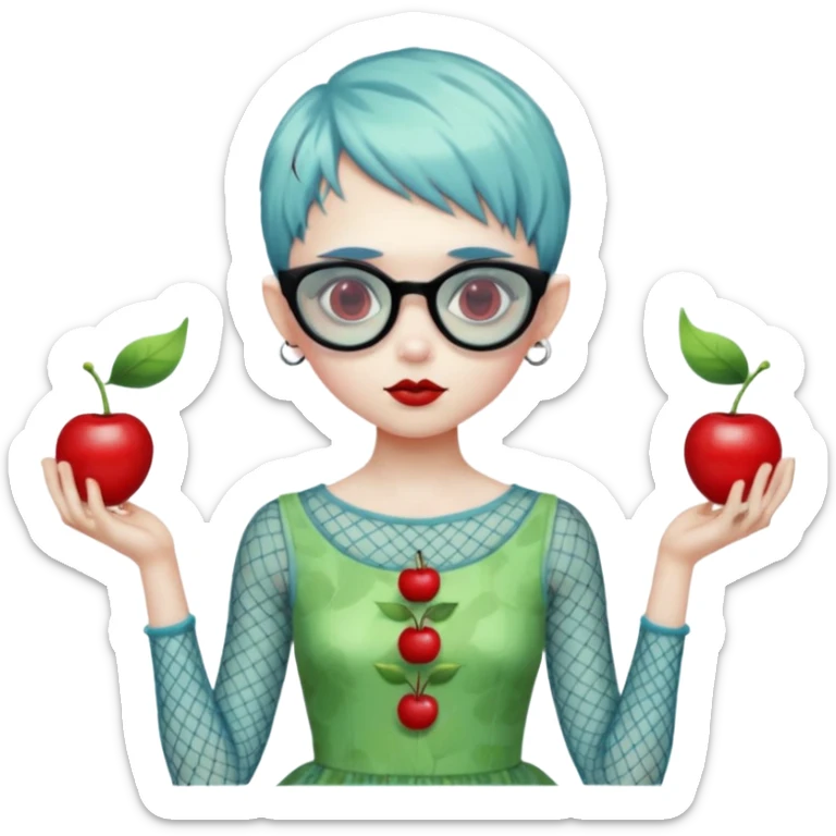 Ghoulia yelps monster high doll in scene/emo style cherry print dress with fishnet sleeves, clothes, thin, small, red, rectangle glasses, pale white-blue skin, pale-green pixie-cut sticker