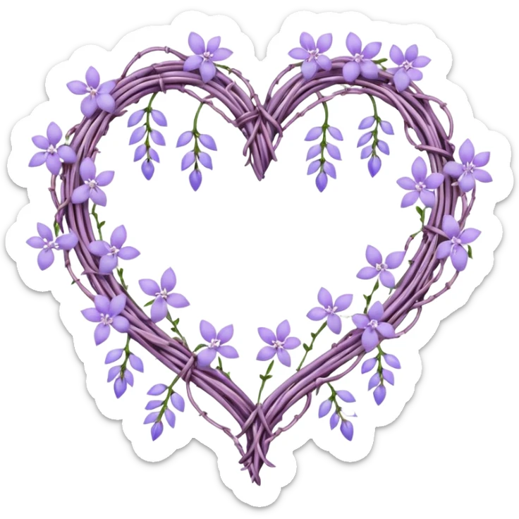 heart shape made out of barb wire vines with pastel lavenders and lilacs adorning the border with crystals hanging  sticker