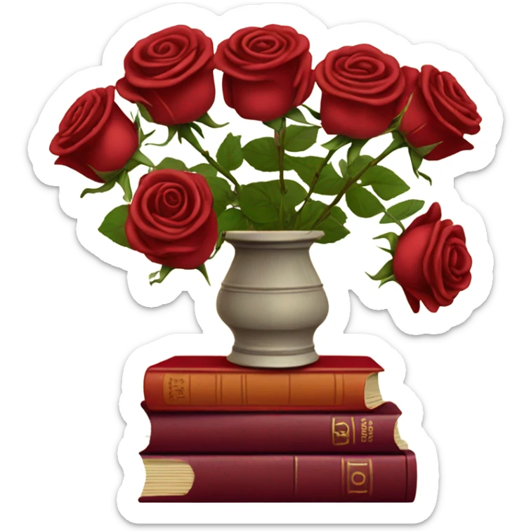 A red stack of books with a maroon bouquet of vintage-style roses and a silk ribbon sticker