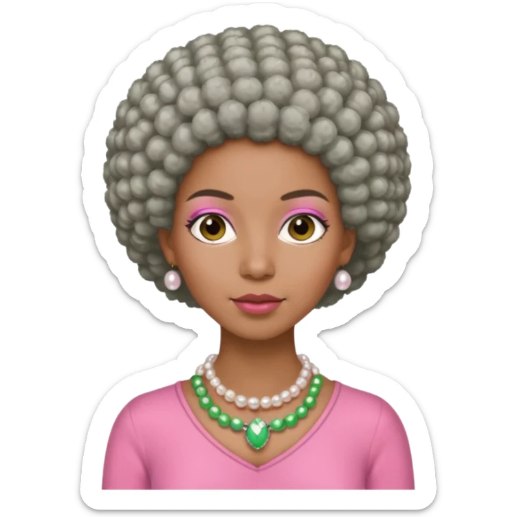 Brown woman with short gray Afro  wearing pink and green outfit and pearl necklace  sticker