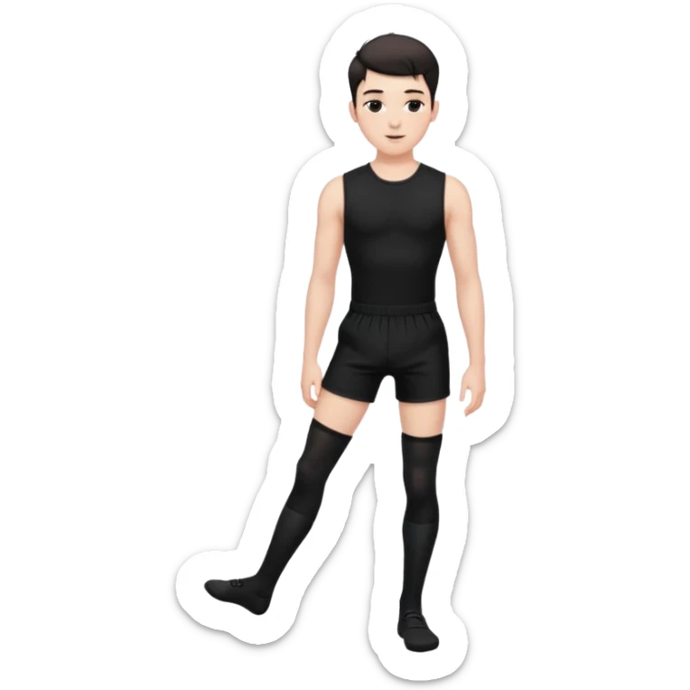 Male in his 20s, clean shaven, feminine look, wearing black thigh highs, black crops, black feminine shorts, is a femboy.   sticker