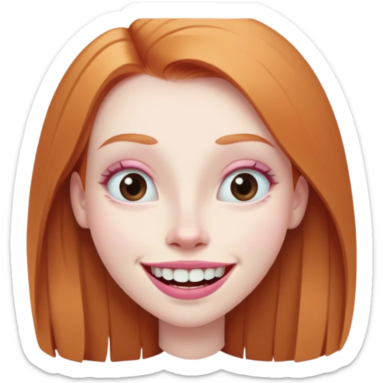 traditional emoji of young girl with very pale skin, long straight muted ginger hair, elongated oval face, bigger human-like eyes positioned close together, fuller thick eyebrows, wide nose, very large full pink lips with a big smile showing extremely large and prominent teeth, less intense expression sticker