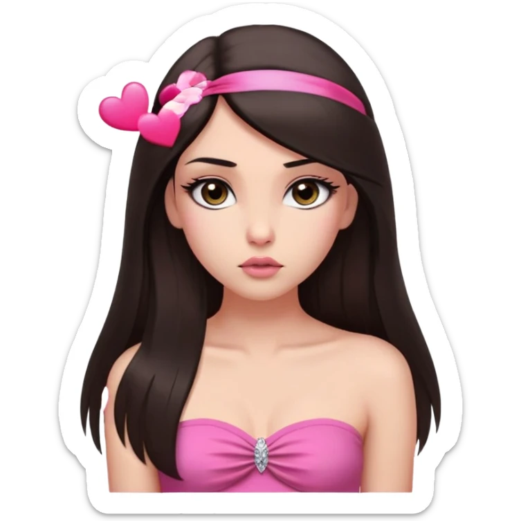 girl with lighter skin, dark brown long straight hair falling in front of her body, pouty shiny lips without cupid's bow, shiny large eyes with long eyelashes, lighter button nose, very long oval-shaped face, wearing a pink bandeau top with straight neckline, looking directly at camera with hands down at sides sticker
