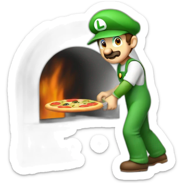 luigi holding a pizza shovel in his hands and putting a pizza into the pizza oven sticker