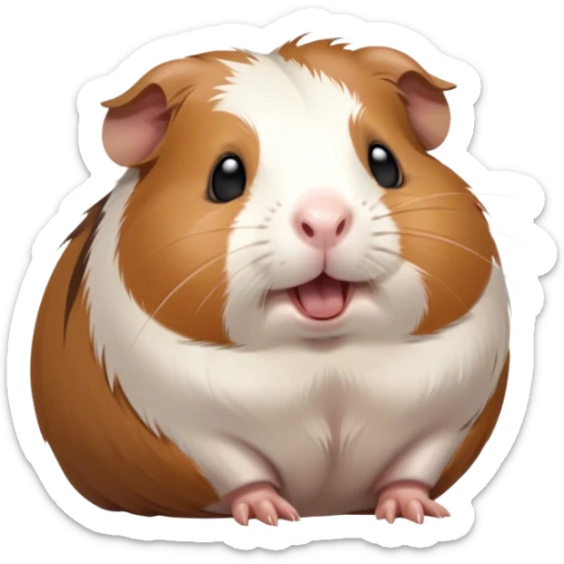 Cinematic Cute Yawning Brown and White Banded Guinea Pig Portrait Emoji, Head tilted slightly with a dramatic, wide-open yawn, revealing a soft, banded fur of brown and white with tiny, droopy ears, round dark eyes barely open in drowsy contentment, Simplified yet irresistibly adorable features, highly detailed, glowing with a soft, cozy glow, high shine, relaxed yet expressive, stylized with a touch of whimsy, bright and endearing, soft glowing outline, capturing the essence of a sleepy yet affectionate guinea pig, so drowsy it feels like it could stretch out of the screen and curl up for a nap! sticker