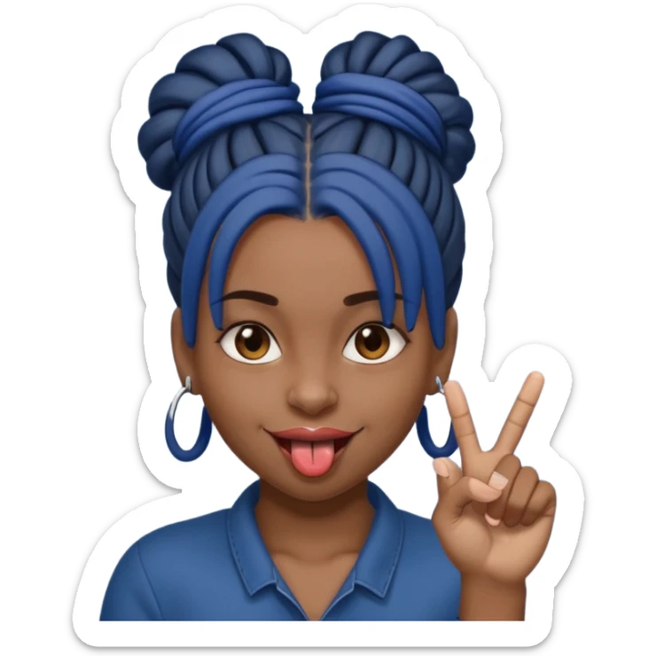 brown girl with dark blue dreads all in a bun with tongue out holding up middle finger sticker
