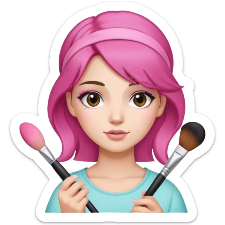 Make a brunette girl wear a hair band that’s pink holding a Make up brush for blush sticker