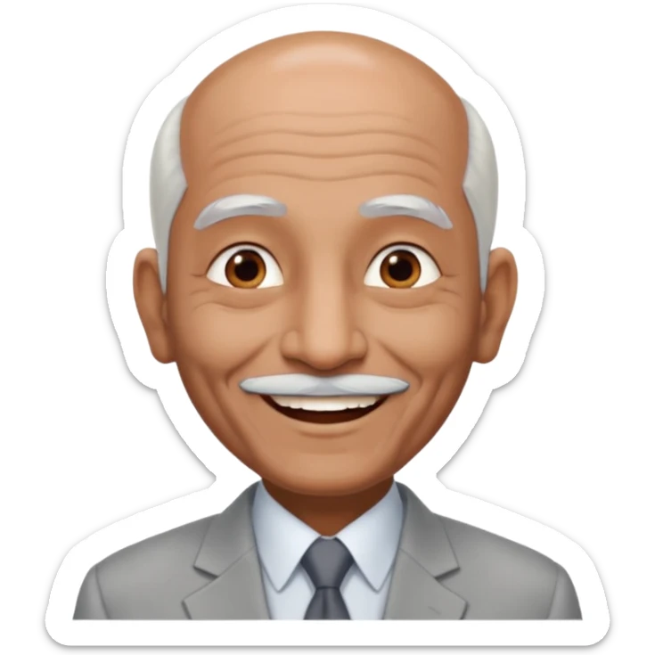 70 yr old indian man, almost bald, some white hair, light grey business suit, big smile, dark brown skin, no moustache
 sticker