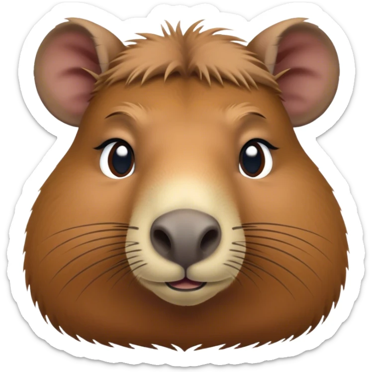 Cinematic Noble Capybara Portrait Emoji, Poised and serene, with a robust, rounded build and a characteristically broad, slightly flattened capybara face featuring a short snout and small, rounded ears, covered in soft, earthy fur with subtle natural texture and gentle, wise eyes; rendered in lifelike detail with natural light, high shine, intelligent and calm, styled with an air of understated authority, focused and attentive, soft glowing outline, capturing the essence of a watchful and confident capybara that appears ready to step out of the screen with effortless dignity! sticker