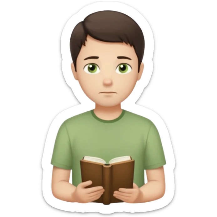 Thoughtful gentle man, fair skin, short dark brown hair, calm green eyes, simple light green shirt, waist-up front-facing, holding a closed book, serene expression, minimal background, soft lighting. sticker