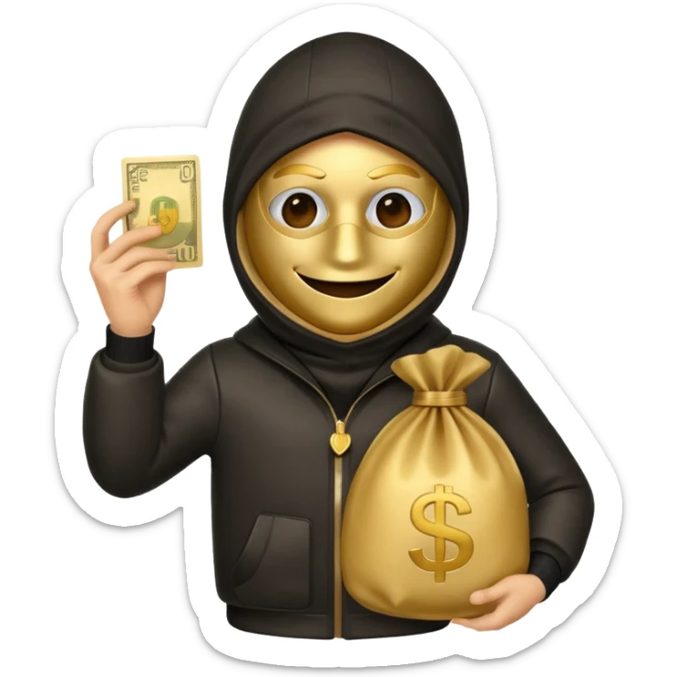 Robber emoji holding a 💰 wearing a mask that is made of robber suit without showing his hand the 💰 need to be in the left sticker