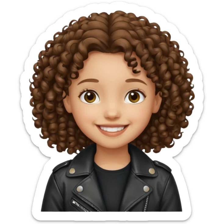 girl kid curly brown hair wear leather jacket, smile happy sticker