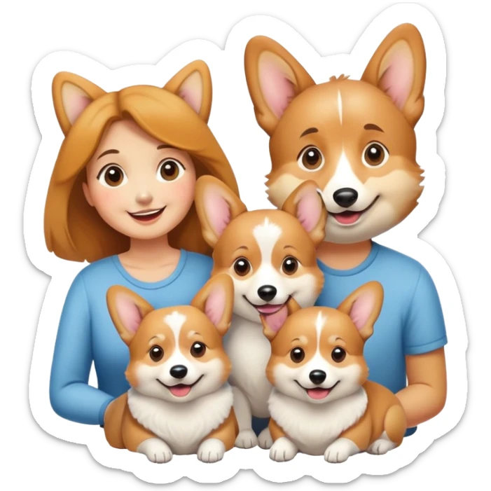 5 corgis, the mom, the dad, a boy and two girls sticker