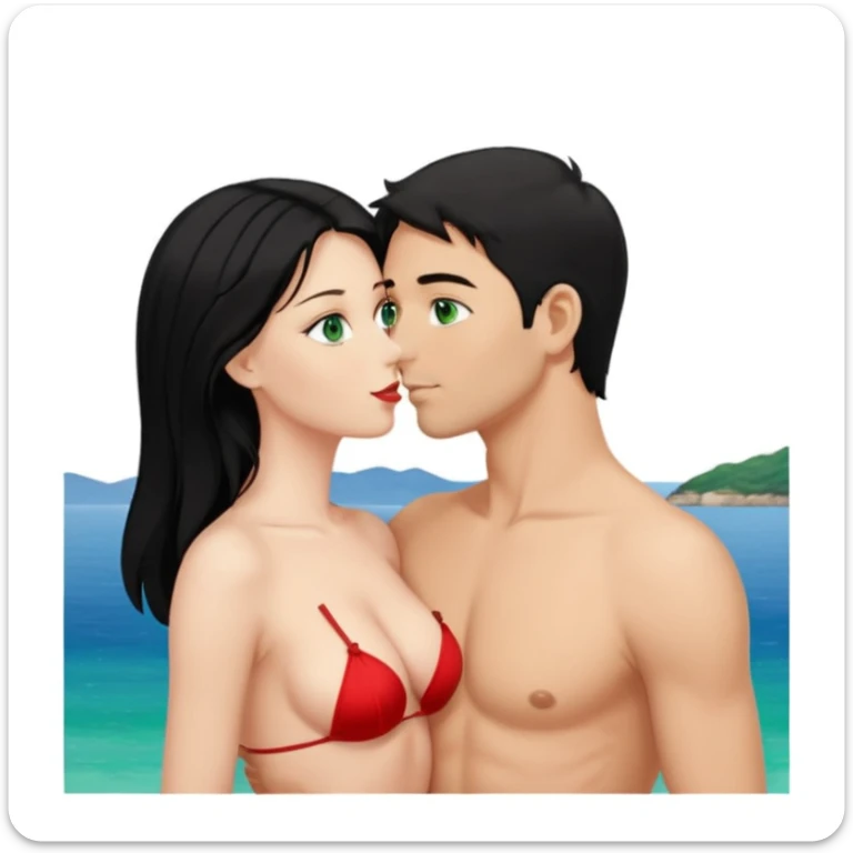 Blonde Woman, green eyes, Red thong, naked breast, Kissing man with blue eyes, black Hair, Background sea  sticker