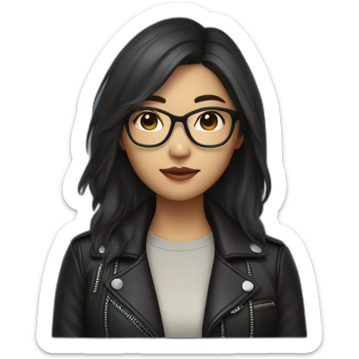 asian girl with glasses and a leather jacket with a shirt and long dark hair sticker