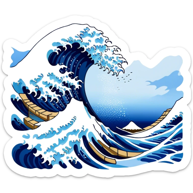 Cinematic Realistic Great Wave off Kanagawa, depicted as a colossal, crashing wave with dynamic blue hues and frothy white crests, rendered with intricate textures and fluid motion that captures both the timeless power and poetic beauty of the iconic Japanese artwork sticker