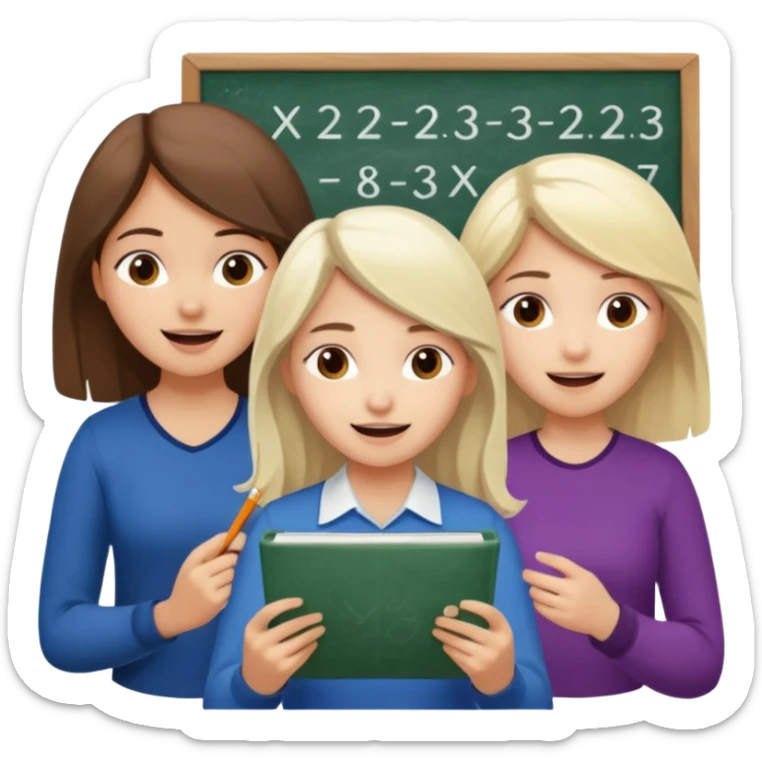 Mexican brown haired girl, white blond haired girl, and white brown haired girl all trying not to laugh while doing math sticker