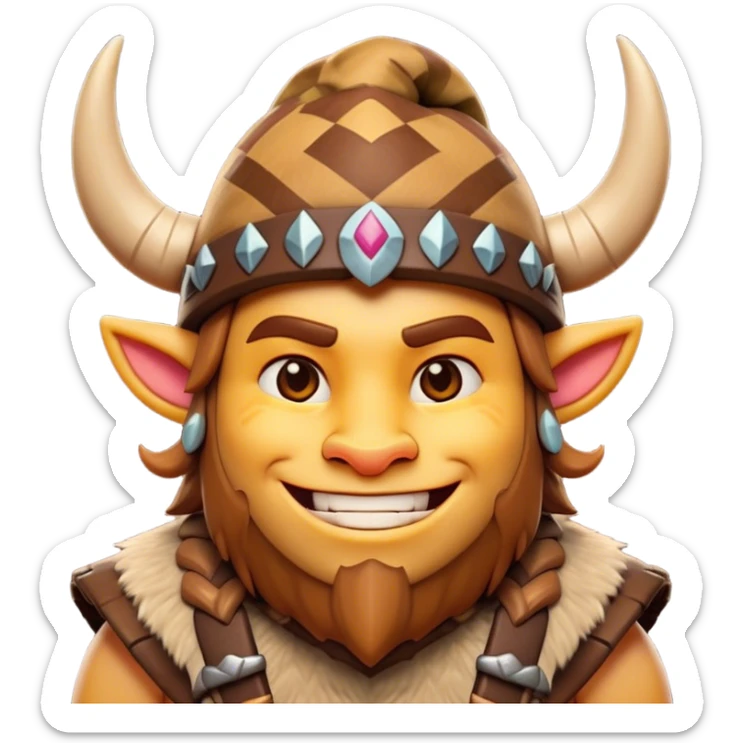 Cinematic Playful Barbarian Portrait Emoji, Head tilted with a cheeky grin and lively eyes, featuring a compact, stylized build in patchwork furs and a whimsical horned cap, Simplified yet irresistibly charming features, highly detailed, glowing with a warm, inviting glow, high shine, energetic and endearing, stylized with a touch of whimsical medieval mischief, soft glowing outline, capturing the essence of a playful barbarian that exudes friendly bravery! sticker